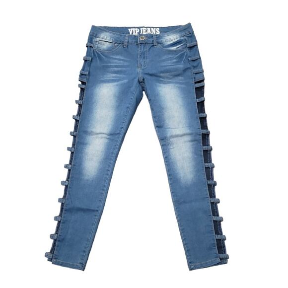 VIP Blue Light Washed Sexy Side Leg Cut Out Straight Jeans Women's Pants - Picture 1 of 6
